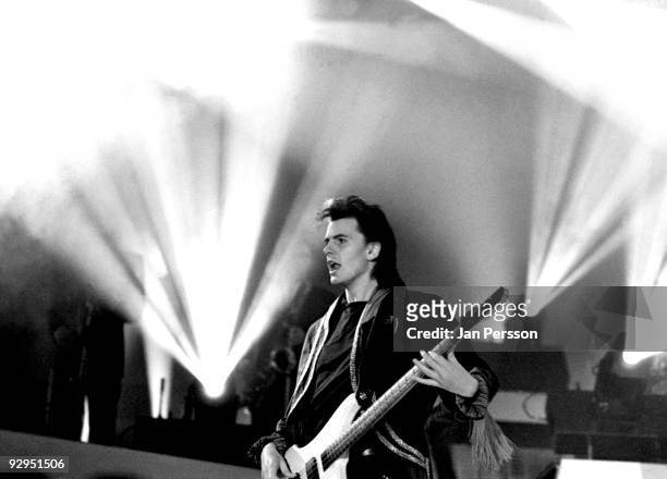John Taylor of Duran Duran performs on stage at the Valbyhallen on 13th April 1987 in Copenhagen, Denmark.