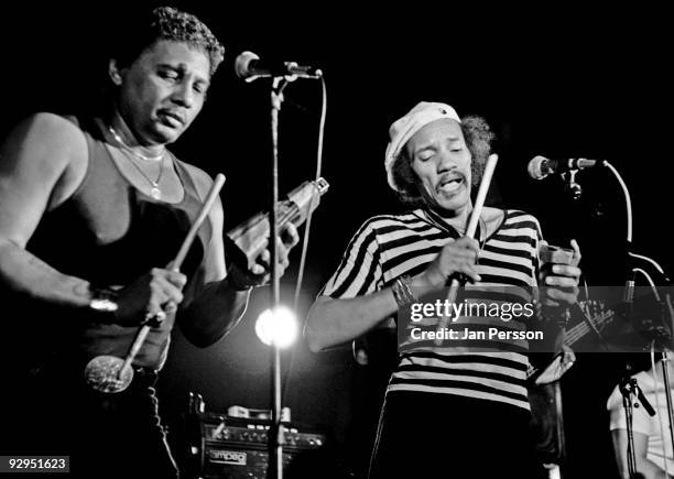 Aaron Neville and Charles Neville of the Neville Brothers perform on stage on July 7th 1986 at the Jazzhouse Montmartre in Copenhagen, Denmark.