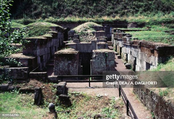 View of the Etruscan necropolis of the Crocifisso del Tufo, Orvieto, Umbria, Italy. Etruscan civilisation, 6th-5th century BC.