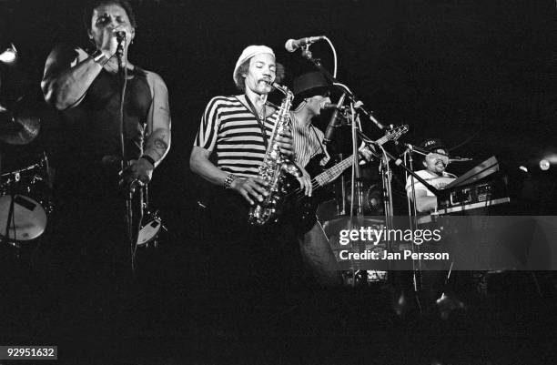 Aaron Neville, Charles Neville and Art Neville of the Neville Brothers perform on stage on July 7th 1986 at the Jazzhouse Montmartre in Copenhagen,...