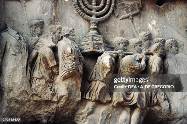 Trophies from Jerusalem, relief from the Arch of Titus, Imperial Forums, Rome, Italy. Roman civilisation, 1st century AD.