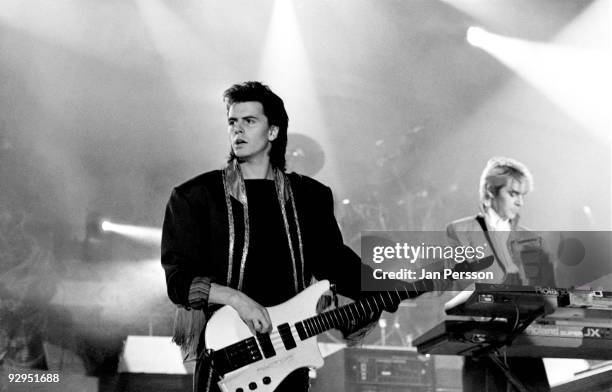 John Taylor and Nick Rhodes of Duran Duran perform on stage at the Valbyhallen on 13th April 1987 in Copenhagen, Denmark.