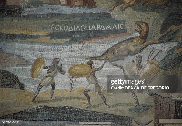 Soldiers with shields, detail from the Nilotic mosaic of the flooding of the river Nile in Egypt, from the Sanctuary of Fortuna Primigenia at...