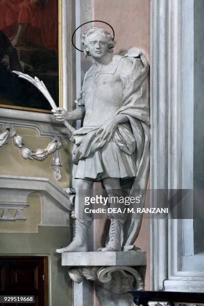 St Defendens, stucco statue by Giovanni Battista Barberini , Chapel of the Crucifix, Church of Sant'Eusebio, Castel San Pietro, Canton of Ticino,...
