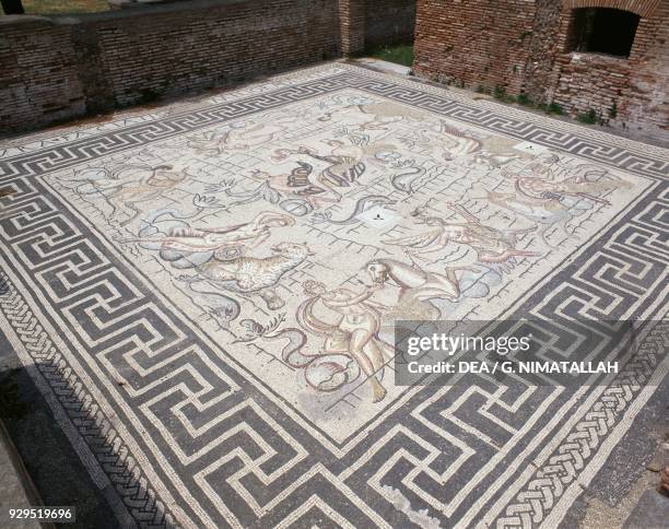 Floor mosaic, Baths of Neptune, 139 AD, Ostia Antica, Lazio, Italy. Roman civilisation, 2th century.
