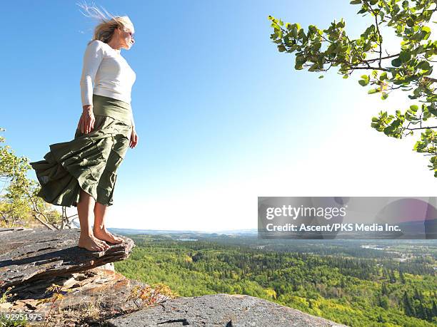 woman stands on rock overlooking forest, windy day - skirt blowing stock pictures, royalty-free photos & images