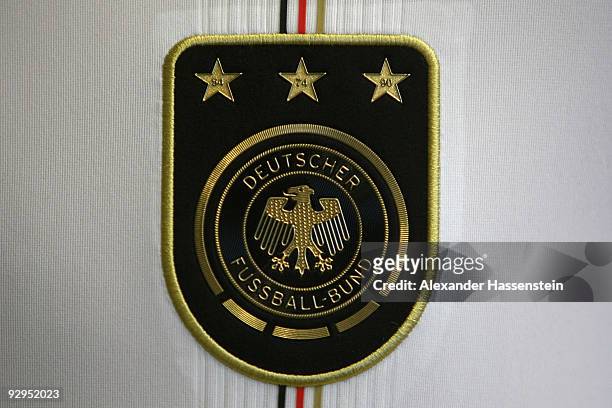 The emblem of "Deutscher Fussball Bund" of the new German FIFA World Cup 2010 jersey 'Teamgeist' is pictured at the adidas Brand Center on November...
