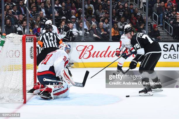 Tanner Pearson of the Los Angeles Kings looks to shoot the puck against Philipp Grubauer of the Washington Capitals at STAPLES Center on March 8,...