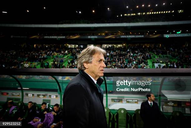 Sporting's coach Jorge Jesus looks on during the UEFA Europa League round of 16 match between Sporting CP and Viktoria Plzen at Jose Alvalade Stadium...