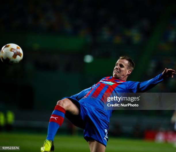 Plzen's midfielder David Limbersky in action during the UEFA Europa League round of 16 match between Sporting CP and Viktoria Plzen at Jose Alvalade...