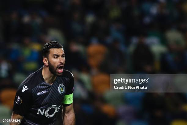 Sporting's goalkeeper Rui Patricio reacts during the UEFA Europa League round of 16 match between Sporting CP and Viktoria Plzen at Jose Alvalade...