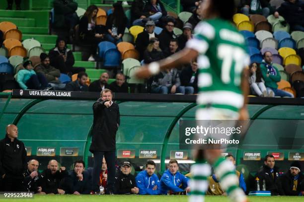 Plzen's coach Pavel Vrba gestures during the UEFA Europa League round of 16 match between Sporting CP and Viktoria Plzen at Jose Alvalade Stadium in...