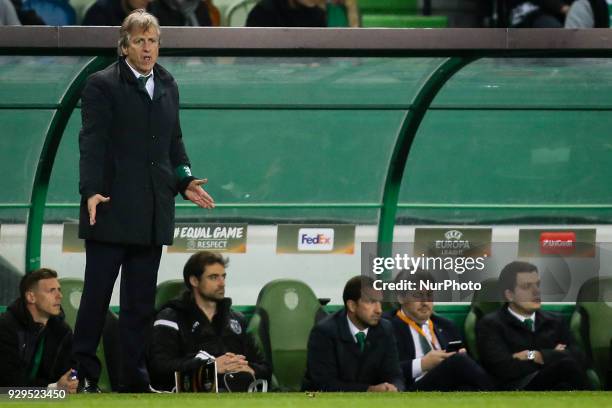 Sporting's coach Jorge Jesus gestures during the UEFA Europa League round of 16 match between Sporting CP and Viktoria Plzen at Jose Alvalade Stadium...