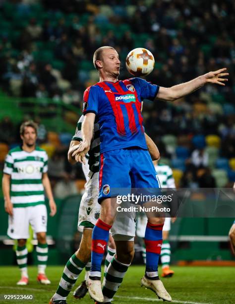 Plzen's forward Michal Krmencik contrtols the ball during the UEFA Europa League round of 16 match between Sporting CP and Viktoria Plzen at Jose...