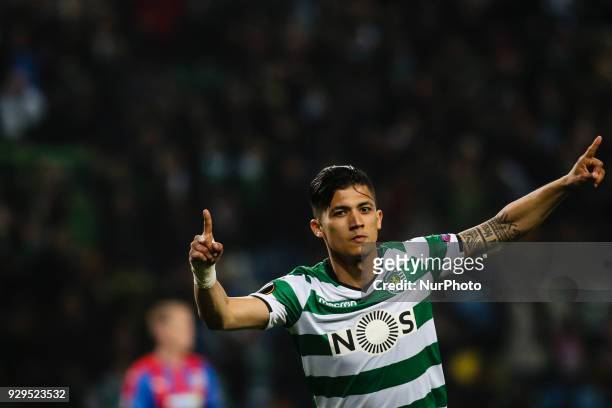 Sporting's Colombian forward Fredy Montero celebrates a goal during the UEFA Europa League round of 16 match between Sporting CP and Viktoria Plzen...