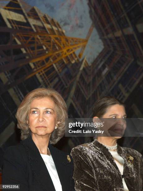 Queen Sofia of Spain, accompanied by her sister, HRH Princess Irene of Greece , presides over the 2003 BMW Painting Award at the Auditorio Nacional...