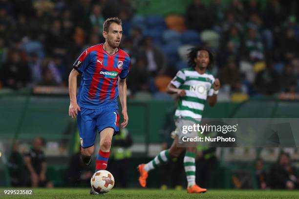 Plzen's midfielder Tomas Horava of Czech Republic in action during the UEFA Europa League round of 16 1st leg football match Sporting CP vs Viktoria...