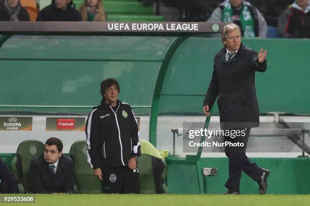 Sporting's head coach Jorge Jesus from Portugal gestures during the UEFA Europa League round of 16 1st leg football match Sporting CP vs Viktoria...