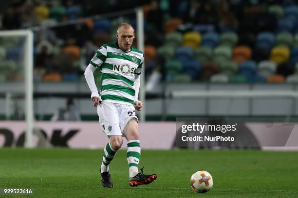 Sporting's defender Jeremy Mathieu from France in action during the UEFA Europa League round of 16 1st leg football match Sporting CP vs Viktoria...