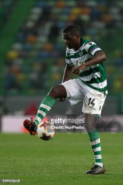 Sporting's midfielder William Carvalho from Portugal in action during the UEFA Europa League round of 16 1st leg football match Sporting CP vs...