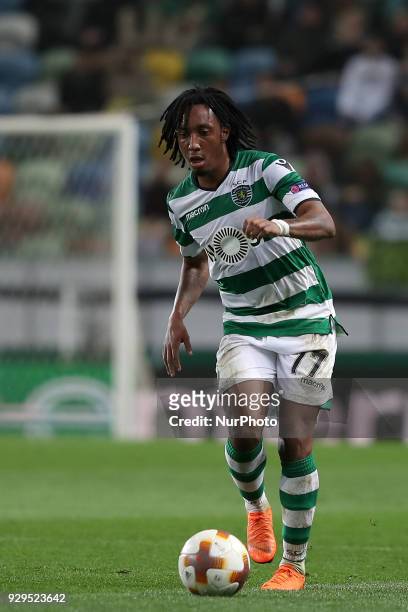 Sporting's forward Gelson Martins from Portugal in action during the UEFA Europa League round of 16 1st leg football match Sporting CP vs Viktoria...