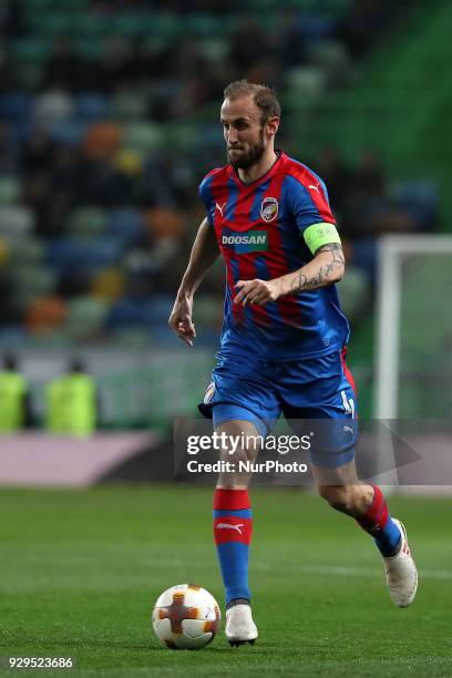 Plzen's defender Roman Hubnik of Czech Republic in action during the UEFA Europa League round of 16 1st leg football match Sporting CP vs Viktoria...