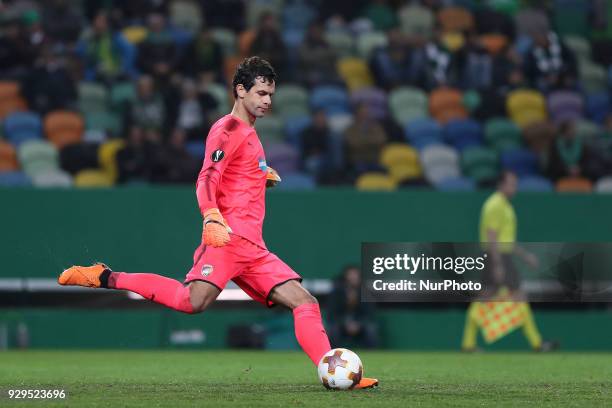 Plzen's goalkeeper Ales Hruska of Czech Republic in action during the UEFA Europa League round of 16 1st leg football match Sporting CP vs Viktoria...