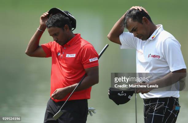 Chawrasia and Anirban Lahiri of India look on, after their round during day two of the Hero Indian Open at Dlf Golf and Country Club on March 9, 2018...