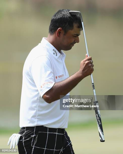 Anirban Lahiri of India looks on, after his round during day two of the Hero Indian Open at Dlf Golf and Country Club on March 9, 2018 in New Delhi,...