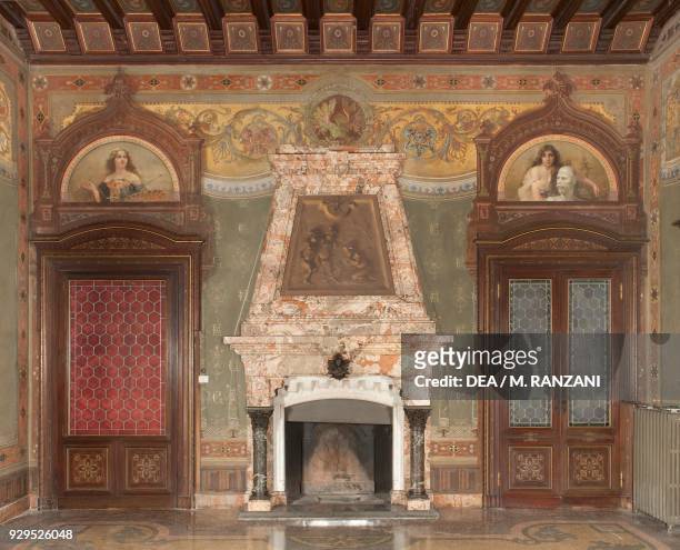 Polychrome marble fireplace in the Wedding hall, western wall, 1901-1902, by Mario Chiodo Grandi , Villa Ottolini Tosi, Busto Arsizio, Lombardy....