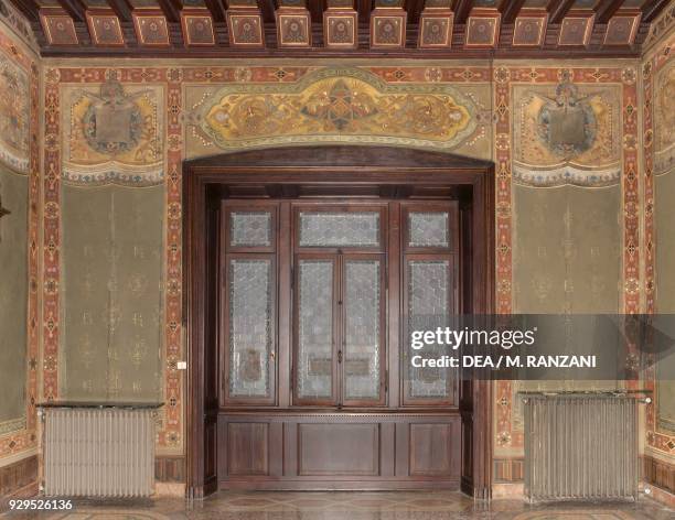 Decorative doors and frescoes in the Wedding hall, eastern wall, 1901-1902, by Mario Chiodo Grandi , Villa Ottolini Tosi, Busto Arsizio, Lombardy....