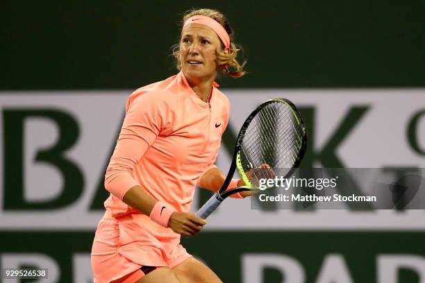 Victoria Azarenka of Belarus plays Heather Watson of Great Britain during the BNP Paribas Open at the Indian Wells Tennis Garden on March 8, 2018 in...