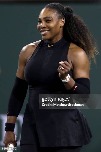 Serena Williams celebrates match point against Zarina Diyas of Kazakhstan during the BNP Paribas Open at the Indian Wells Tennis Garden on March 8,...