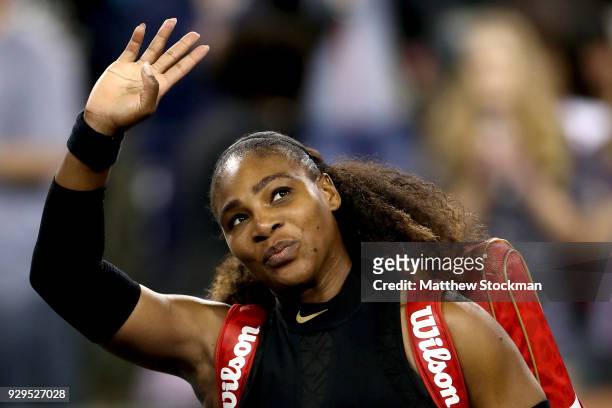 Serena Williams leaves the court after defeating Zarina Diyas of Kazakhstan during the BNP Paribas Open at the Indian Wells Tennis Garden on March 8,...