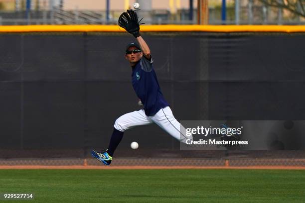 Ichiro Suzuki of the Seattle Mariners in action during a spring training on March 8, 2018 in Peoria, Arizona.