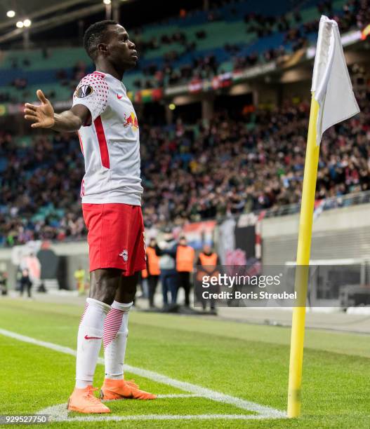 Bruma of RB Leipzig celebrates after scoring his team's first goal during UEFA Europa League Round of 16 match between RB Leipzig and Zenit St...