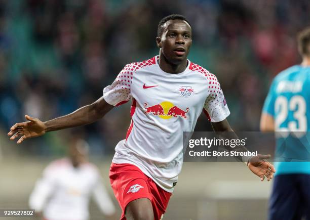 Bruma of RB Leipzig celebrates after scoring his team's first goal during UEFA Europa League Round of 16 match between RB Leipzig and Zenit St...