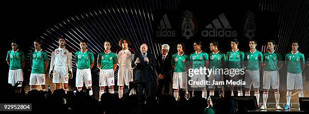 President Joseph Blatter Justino Compean president of Mexican Federation and Mexico's players during the presentation of the new T-shirt of the...