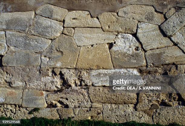 Roman walls of the ancient city of Pyrgi, detail, Santa Severa, Santa Marinella, Lazio, Italy. Roman civilisation.