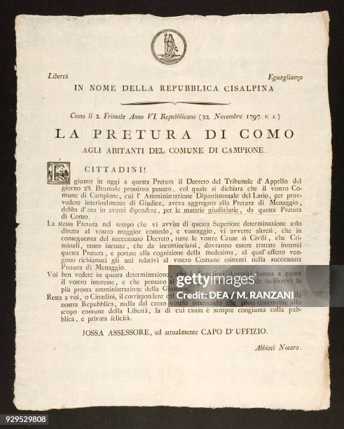Document attesting to the passage of the judicial competence for Campione from the Dipartimento del Lario to the Pretura of Como, November 22...