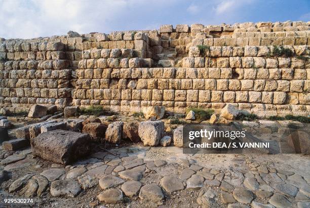 Limestone base of the sanctuary of Ara della Regina , Civita di Tarquinia, Lazio, Italy. Etruscan civilisation, 6th-3rd century BC.