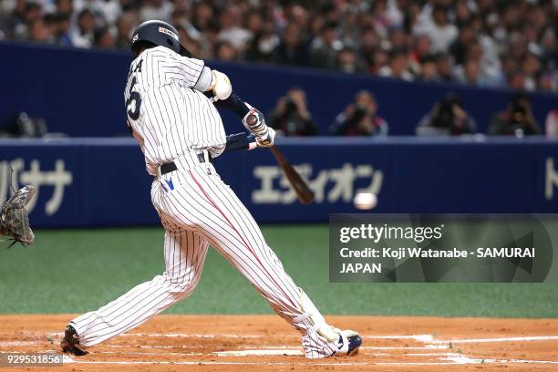 Shogo Akiyama of Japan bats during the game one of the baseball international match between Japan And Australia at the Nagoya Dome on March 3, 2018...