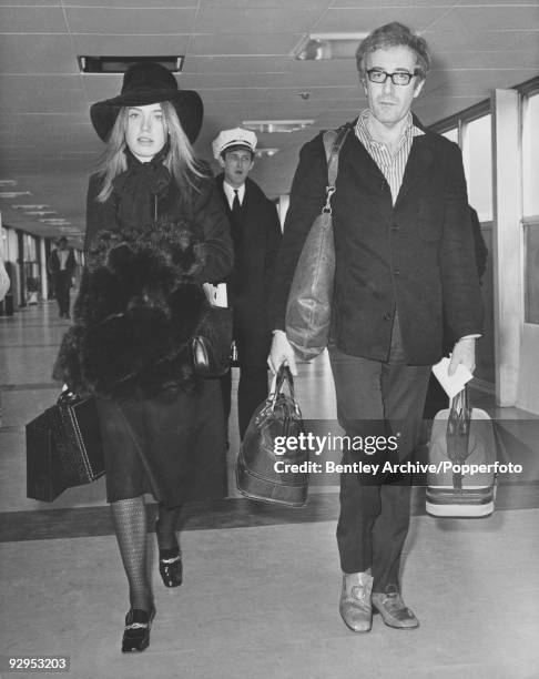 British actor and comedian Peter Sellers arrives at London's Heathrow Airport accompanied by Australian fashion model Miranda Quarry, 10th February...