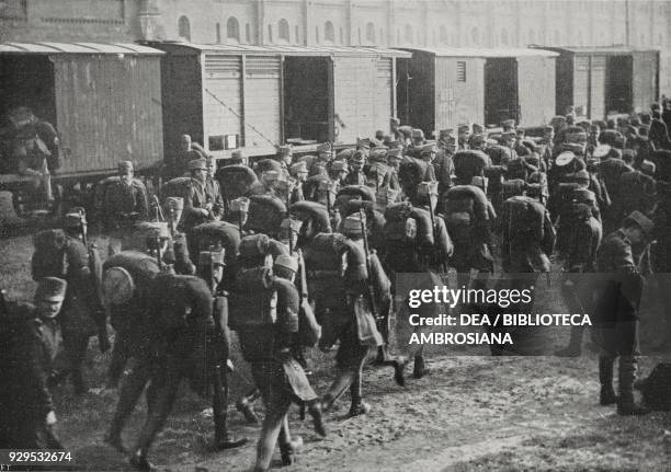 Troops and materials embarking onto trains, Vienna's arsenal, Austria, mobilisation of the Austro-Hungarian army, World War I, from L'Illustrazione...