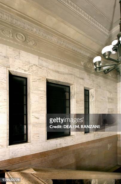 East wall, Monumental staircase, Royal Pavilion, Milano Centrale railway station, Milan, Lombardy, Italy.