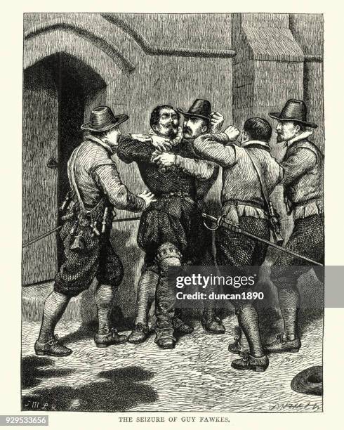 gunpowder plot, guy fawkes being arrested - guy fawkes stock illustrations