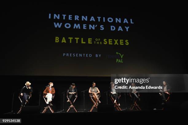 Directors Jonathan Dayton and Valerie Faris, actress Natalie Morales, Los Angeles Sparks President and COO Christine Simmons, UCLA Women's Gymnastics...