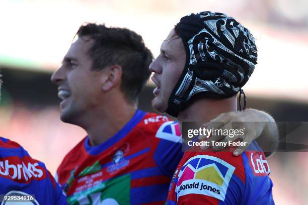 Kalyn Ponga of the Knights celebrates a try during the round one NRL match between the Newcastle Knights and the Manly Sea Eagles at McDonald Jones...