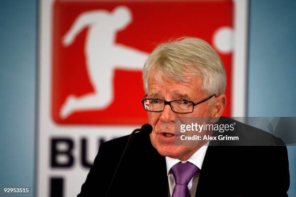 Reinhard Rauball, president of the German Football League DFL, talks to media during a press conference after the general meeting of the German...