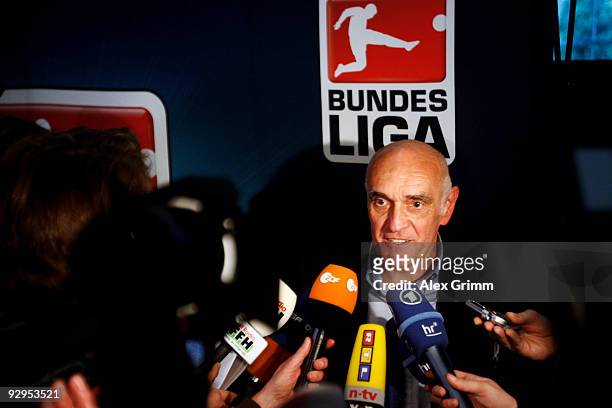 Martin Kind, president of German first division football club Hannover 96 talks to media after leaving the general meeting of the German Football...